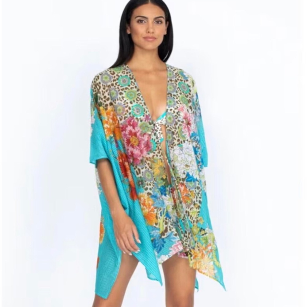 Johnny Was blue leopard floral kimono 30% silk new without tag and label Size L